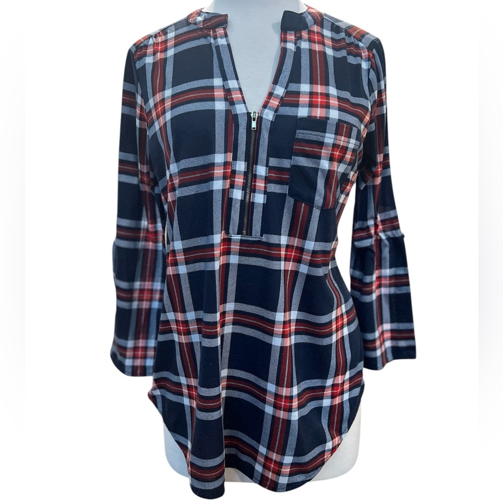 Blue Mood Blue/Red Plaid Blouse in Size Large